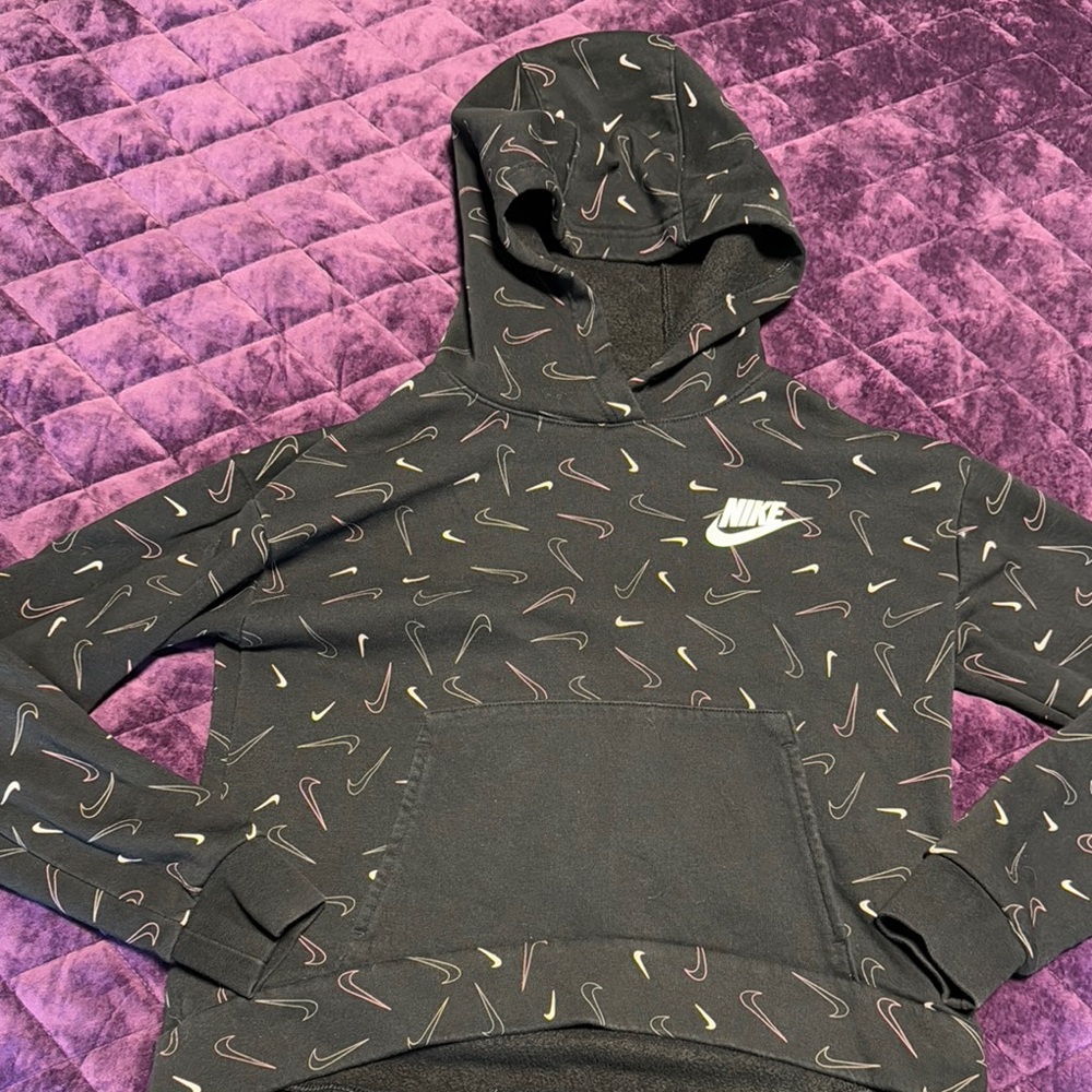 Nike Black Hoodie with Multicolor Swoosh Pattern